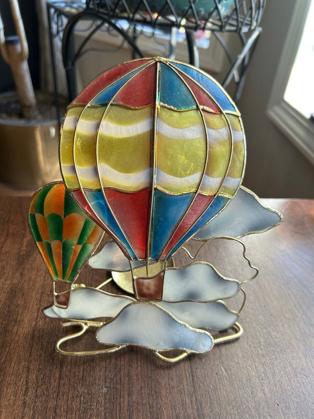 Vintage capiz shell hot air balloon suncatcher brass-wire candle holder